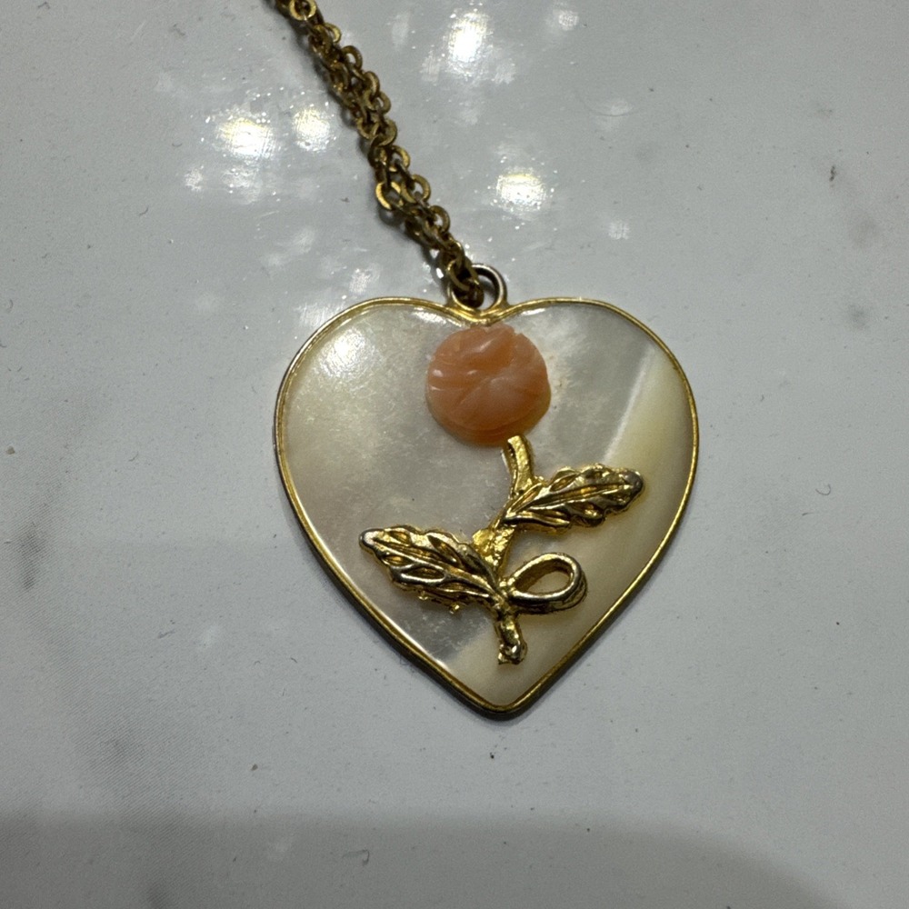 2.333 Vintage necklace, 10K gold plating, chain, mother-of-pearl pendant, coral - Picture 6 of 9